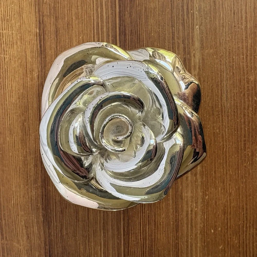 Silver Tone Rose Trinket Box Velvet Lined Jewelry Keepsake Box Floral Decor